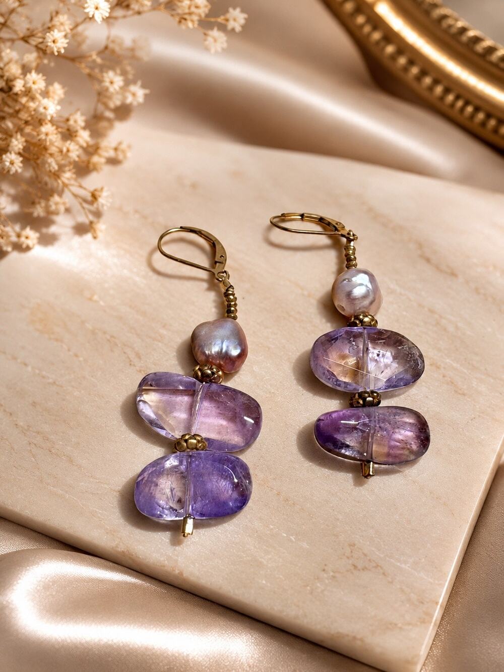Amethyst Baroque Pearl Dangle Earrings Purple Gold Filled Handmade
